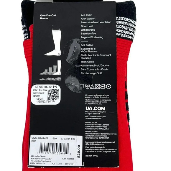 UNDER ARMOUR UA Soccer Performance Cushioned OTC Socks Men (7-8.5) Wm (6-10) Red - Picture 4 of 6